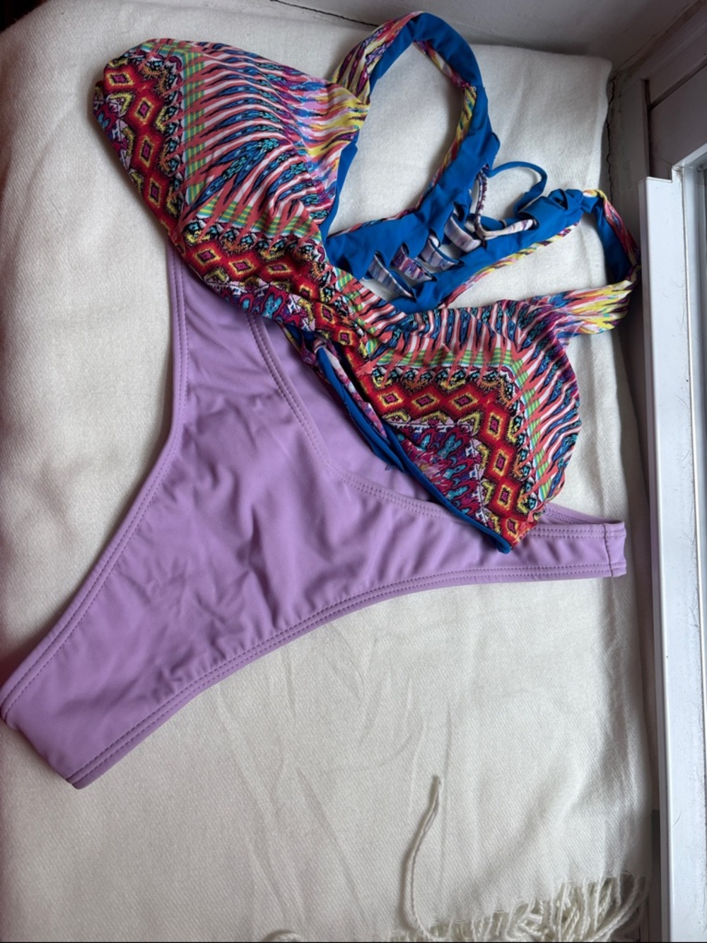 TiniBikini Lavender Bottom with Multicolor Patterned Strappy Top